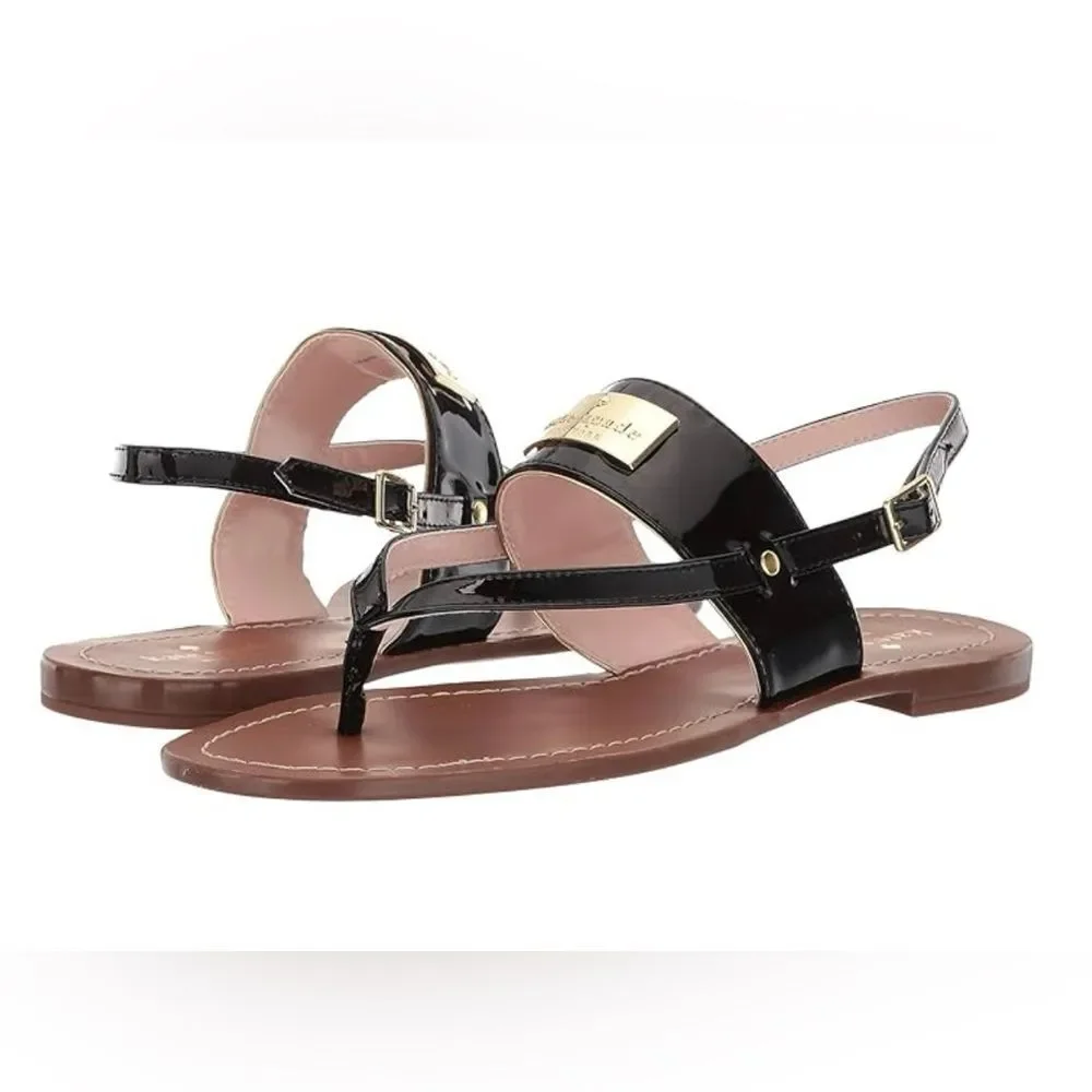 Kate Spade New York- Cassandra Black Patent Leather Thong Flats Size 6